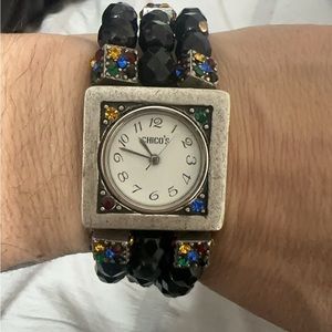 Chico's Black and Pink Beaded Watch with Braided Band